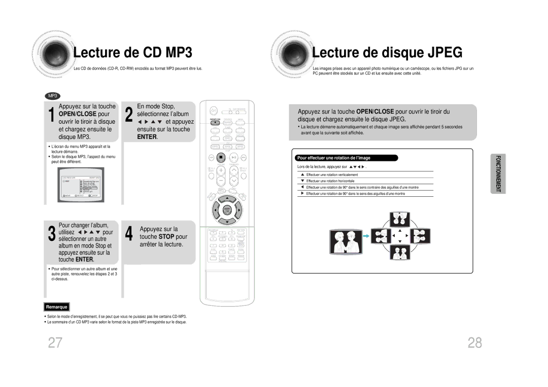 Samsung HTDS1000RH/ELS, HTDS1000RH/EDC, HTDS100RH/ELS, HTDS1000RH/XFO manual Lecture de CD MP3, Lecture de disque Jpeg, Enter 