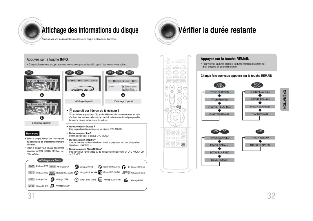 Samsung HT-DS1100R/ELS manual Appuyez sur la touche Info, Appuyez sur la touche Remain, Apparaît sur l’écran du téléviseur 