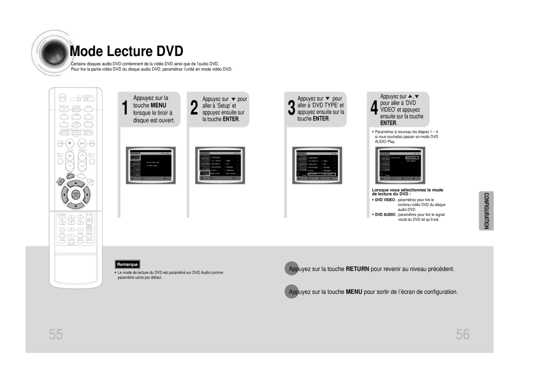 Samsung HT-DS1100R/ELS manual Mode Lecture DVD, Appuyez sur la, Touche Menu, Lorsque le tiroir à, Disque est ouvert 