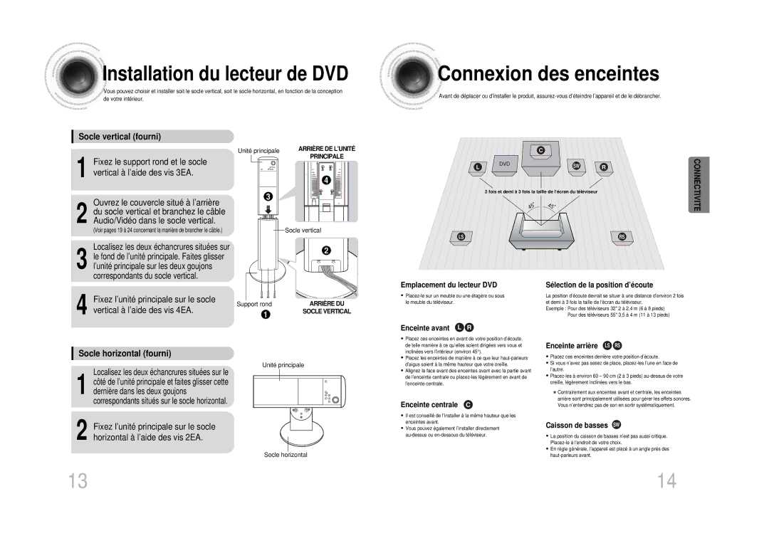 Samsung HTDS1000RH/XFO, HTDS1000RH/EDC manual Connexion des enceintes, Installation du lecteur de DVD, Socle vertical fourni 