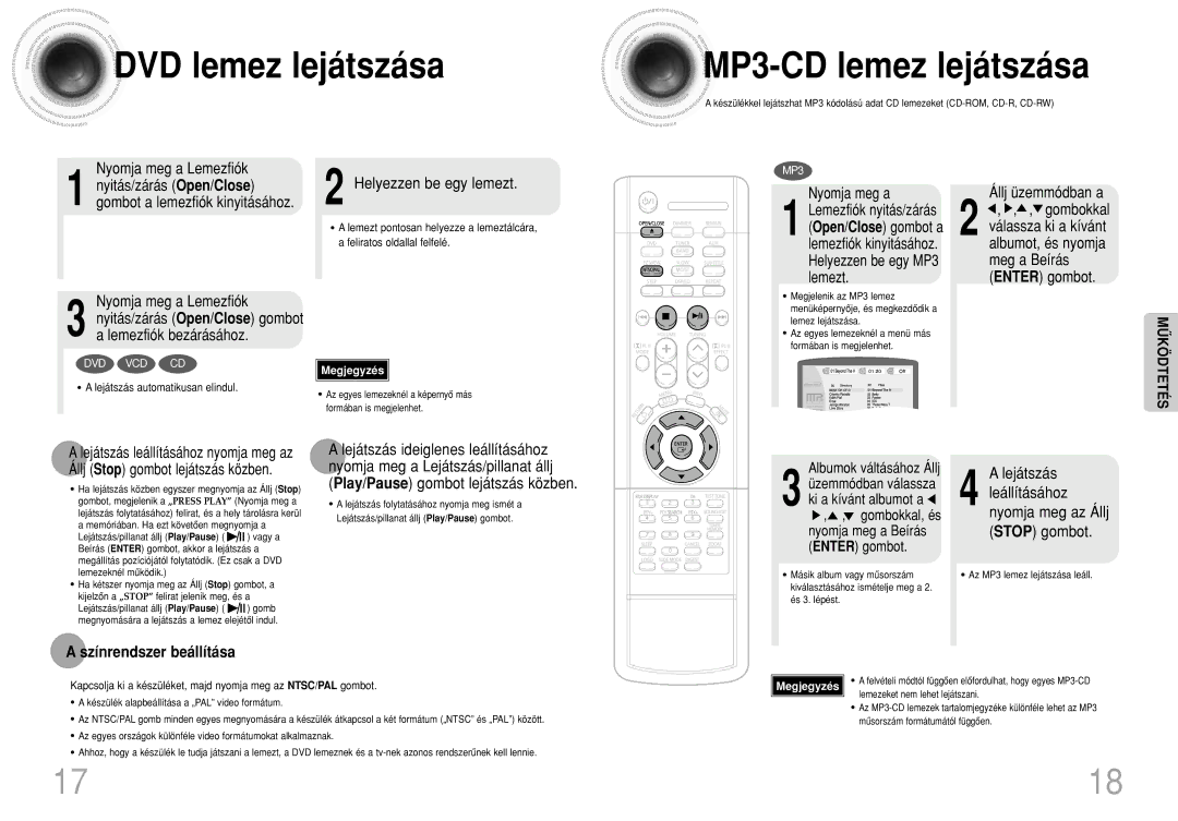 Samsung HTDS100RH/EDC, HTDS100B/EDC, HTDS100RH/ELS, HTDS100RH/XFO manual DVD lemez lejátszása, Színrendszer beállítása 