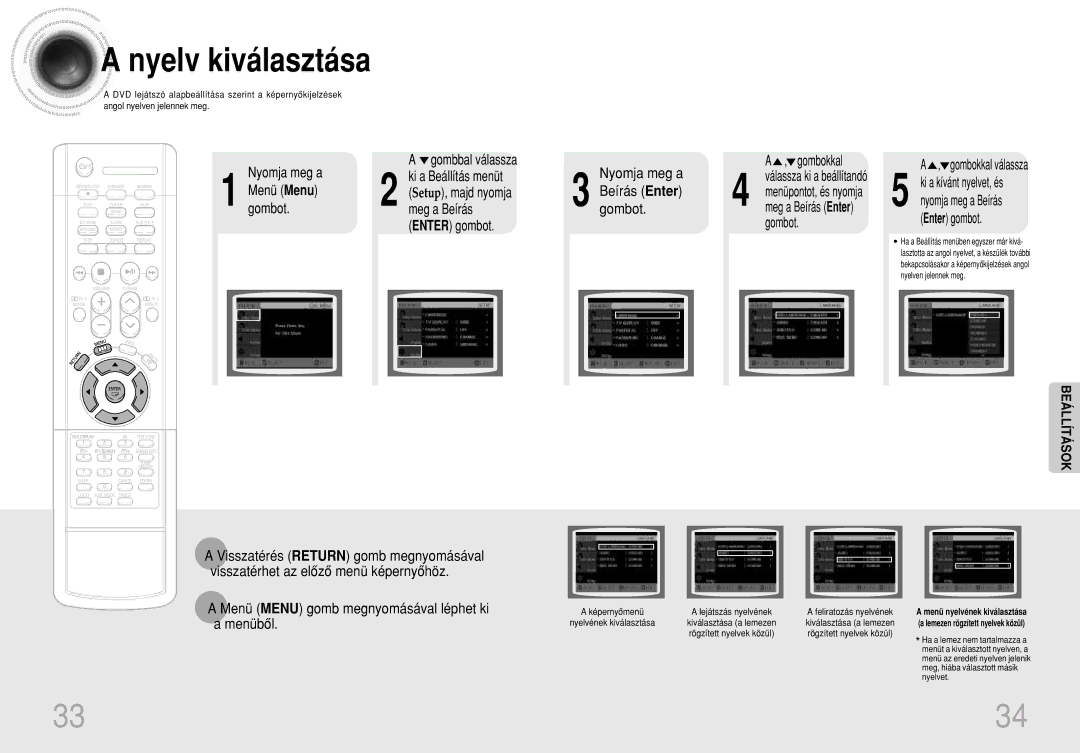 Samsung HTDS100RH/EDC manual Nyelv kiválasztása, Menü Menu gomb megnyomásával léphet ki a menübôl, Gombokkal válassza 