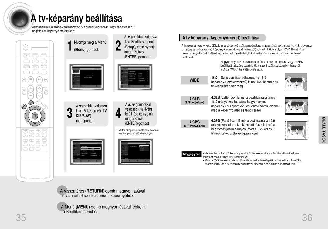 Samsung HTDS100RH/XFO, HTDS100B/EDC, HTDS100RH/ELS manual Tv-képarány beállítása, Tv-képarány képernyôméret beállítása 