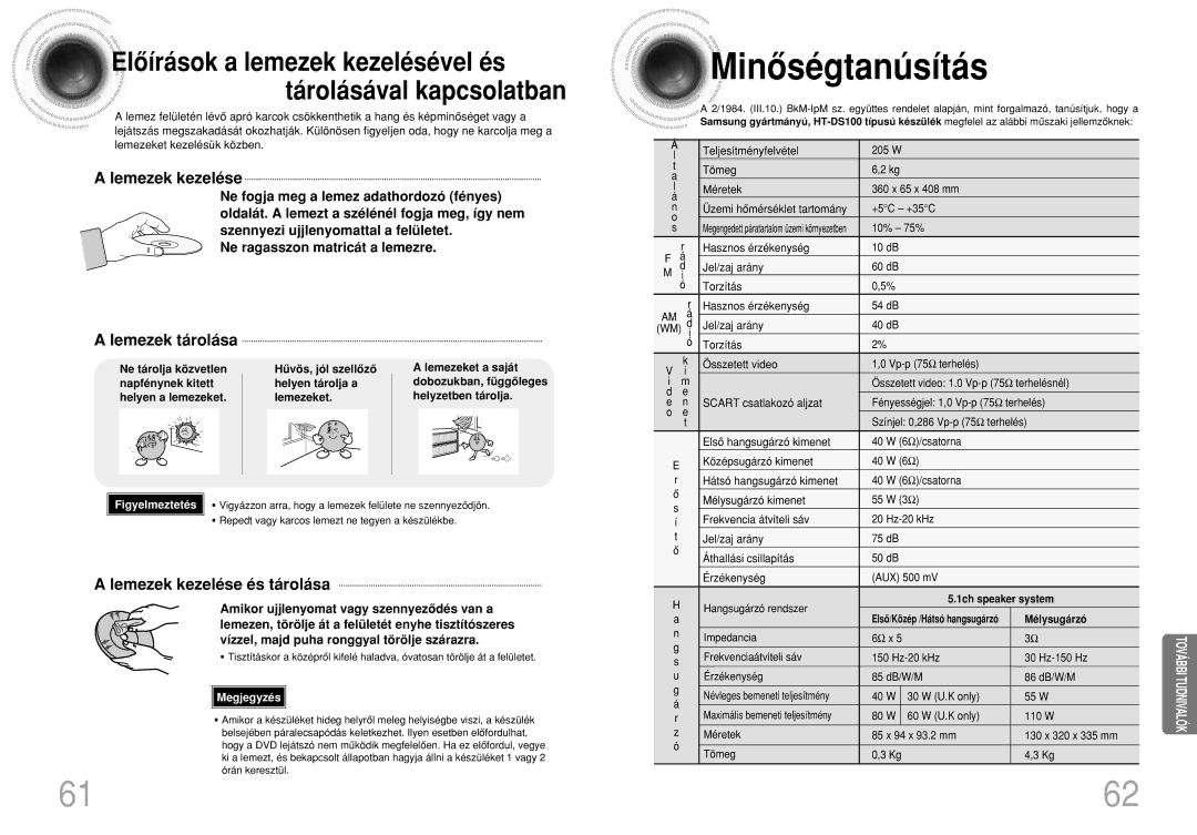 Samsung HTDS100B/EDC, HTDS100RH/ELS, HTDS100RH/EDC Minôségtanúsítás, Lemezek tárolása, Lemezek kezelése és tárolása 