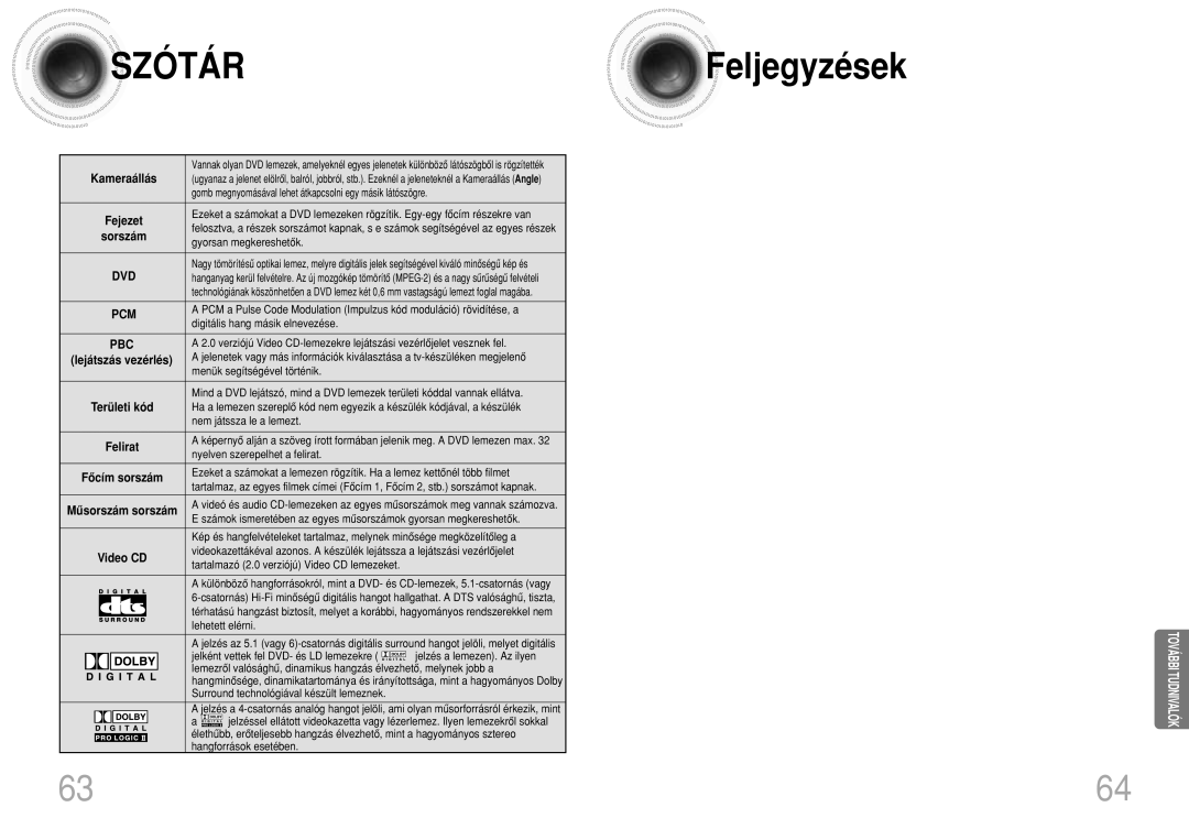 Samsung HTDS100RH/ELS, HTDS100B/EDC, HTDS100RH/EDC, HTDS100RH/XFO manual Kameraállás, Fejezet, Felirat, Video CD 