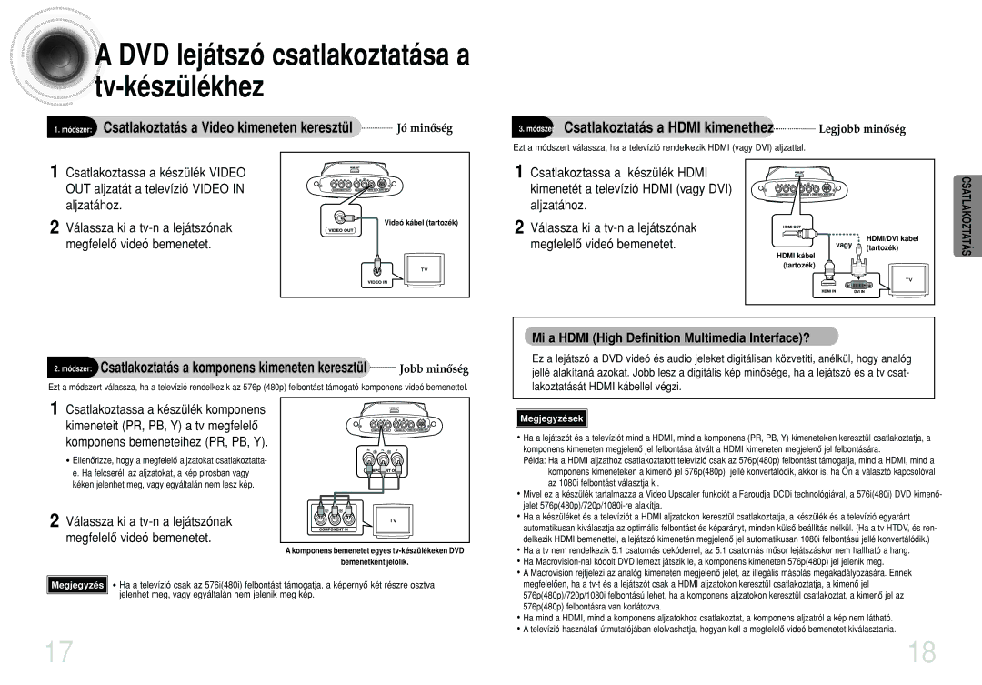 Samsung HTDS100RH/EDC, HTDS100B/EDC, HTDS100RH/ELS, HTDS100RH/XFO manual DVD lejátszó csatlakoztatása a tv-készülékhez 