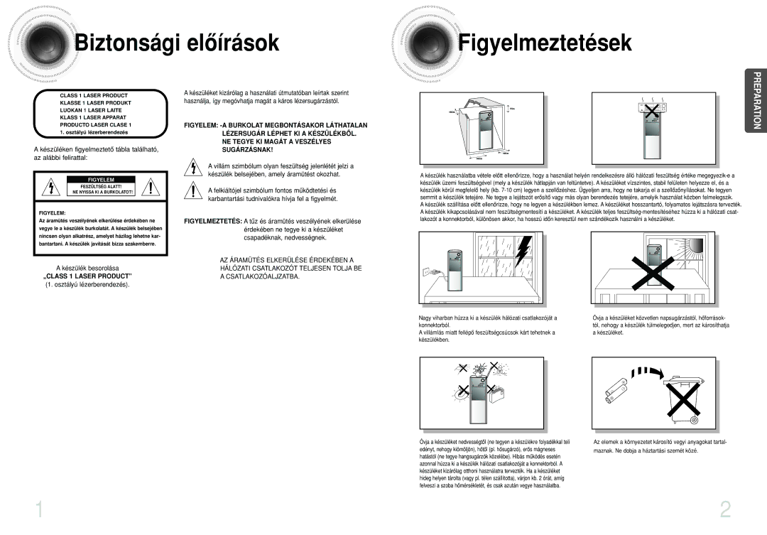 Samsung HTDS100RH/EDC, HTDS100B/EDC, HTDS100RH/ELS, HTDS100RH/XFO manual Biztonsági elôírások Figyelmeztetések, Figyelem 