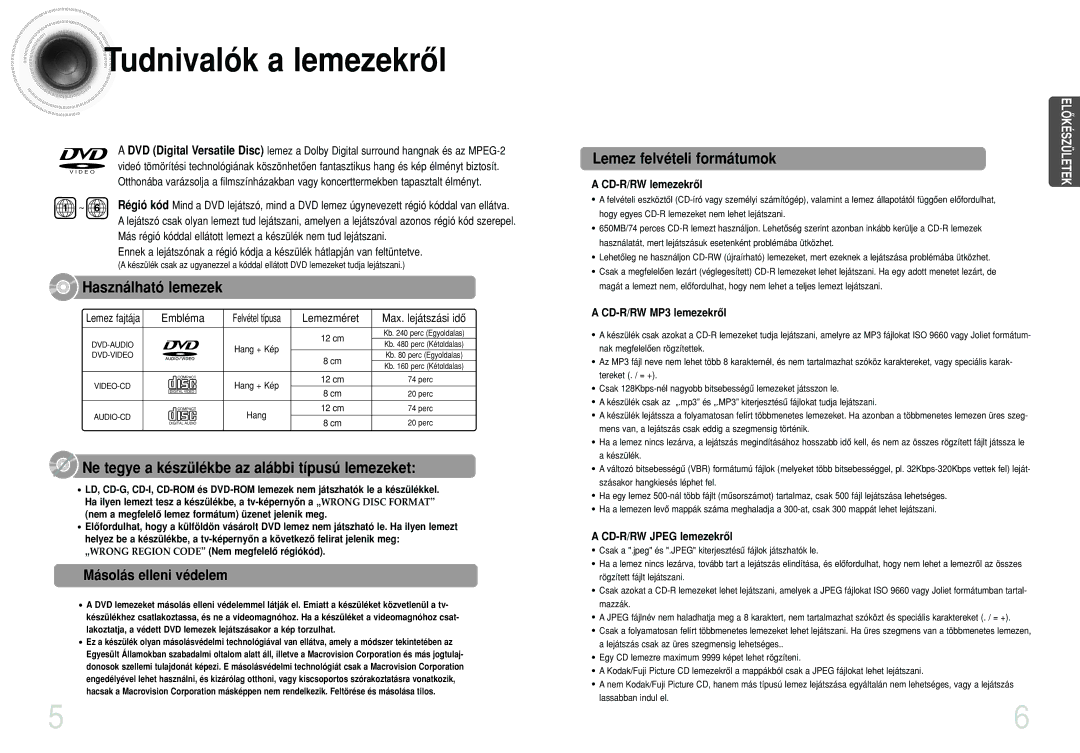 Samsung HTDS100B/EDC manual Tudnivalók a lemezekrôl, Használható lemezek, Ne tegye a készülékbe az alábbi típusú lemezeket 