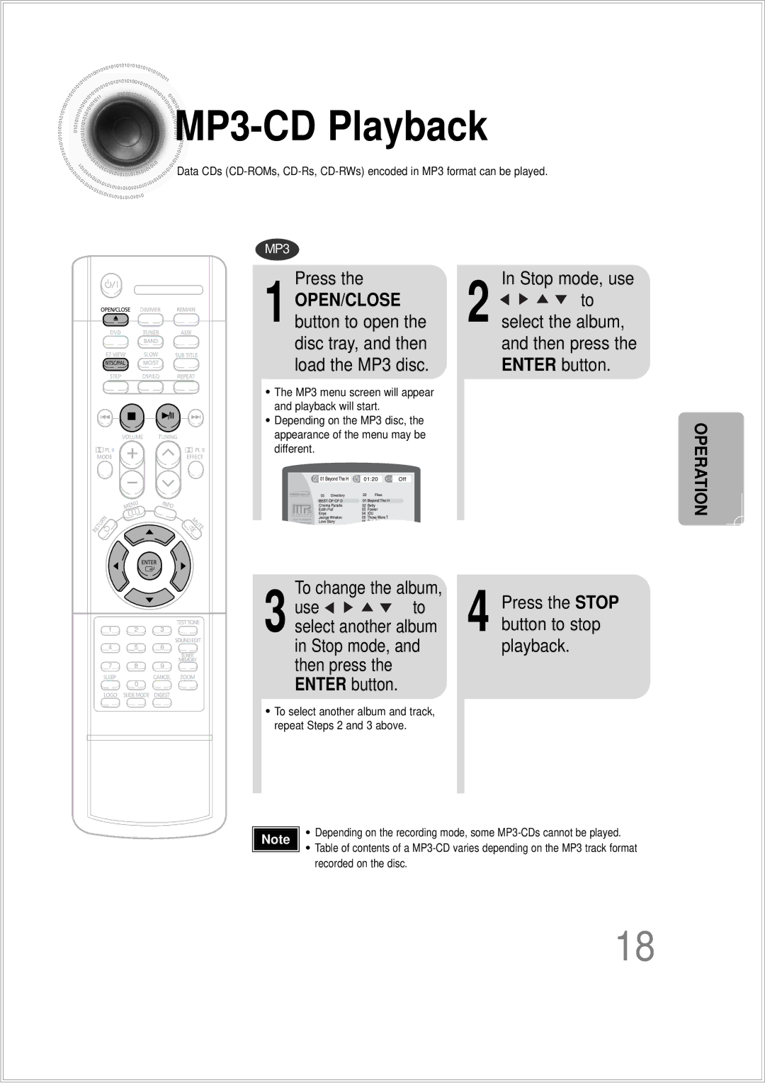 Samsung HTDS100TH/XAA, HTDS100B/EDC manual MP3 -CD Playback, Press, Stop mode, use, Use, Stop mode, Playback Then press 