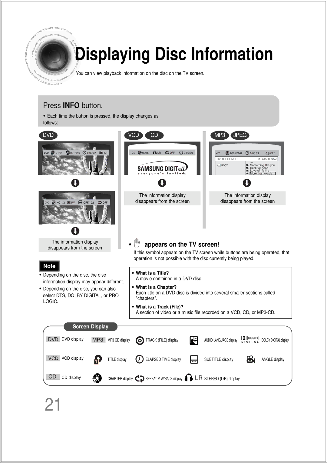 Samsung HTDS100TH/SAM, HTDS100B/EDC, HTDS100TH/XAA, HTDS100RH/XFO manual Displaying Disc Information, Press Info button 