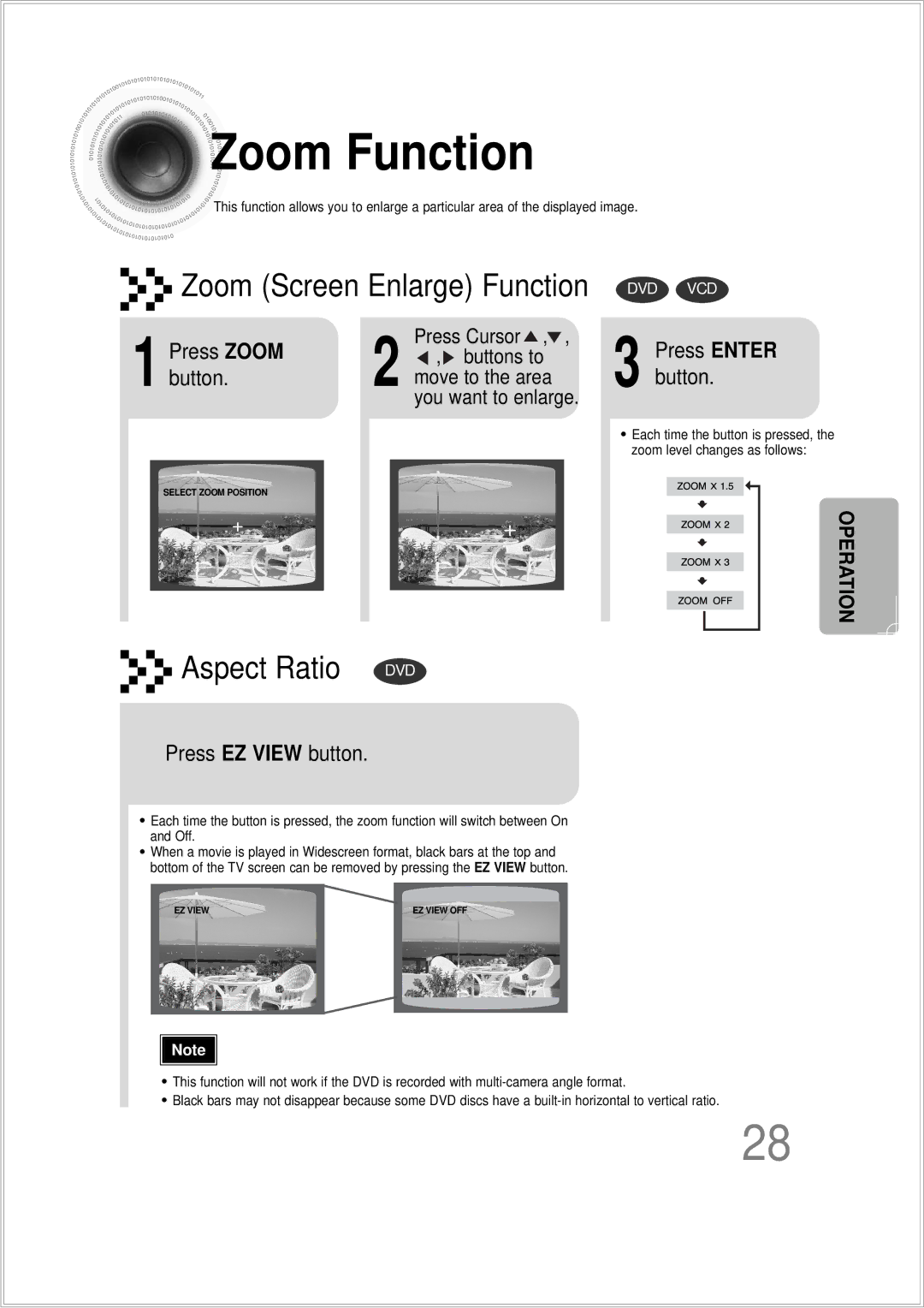 Samsung HTDS100BTH/SAM, HTDS100B/EDC, HTDS100TH/XAA, HTDS100RH/XFO Zoom Function, Press Zoom, Button, Press EZ View button 