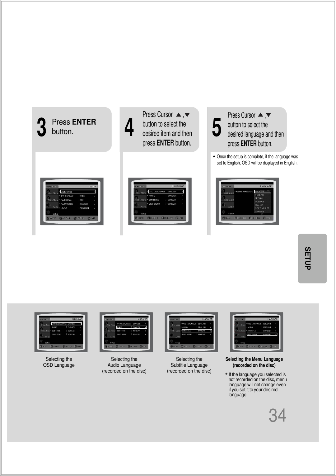 Samsung HTDS100BTH/SAM, HTDS100B/EDC, HTDS100TH/XAA, HTDS100RH/XFO manual Press Enter Press Cursor, Press Enter button 