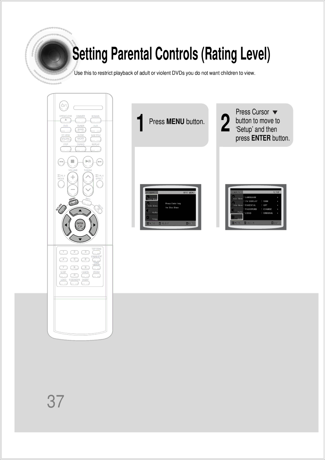 Samsung HTDS100RH/XFO, HTDS100B/EDC, HTDS100TH/XAA, HT-DS140TH/XSP, HTDS100TH/SAM manual Setting Parental Controls Rating Level 