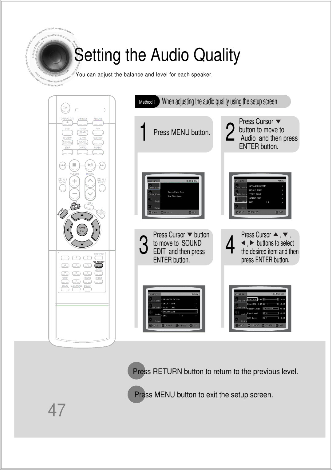 Samsung HTDS100B/EDC, HTDS100TH/XAA, HTDS100RH/XFO manual Setting the Audio Quality, Enter button Press Cursor button 