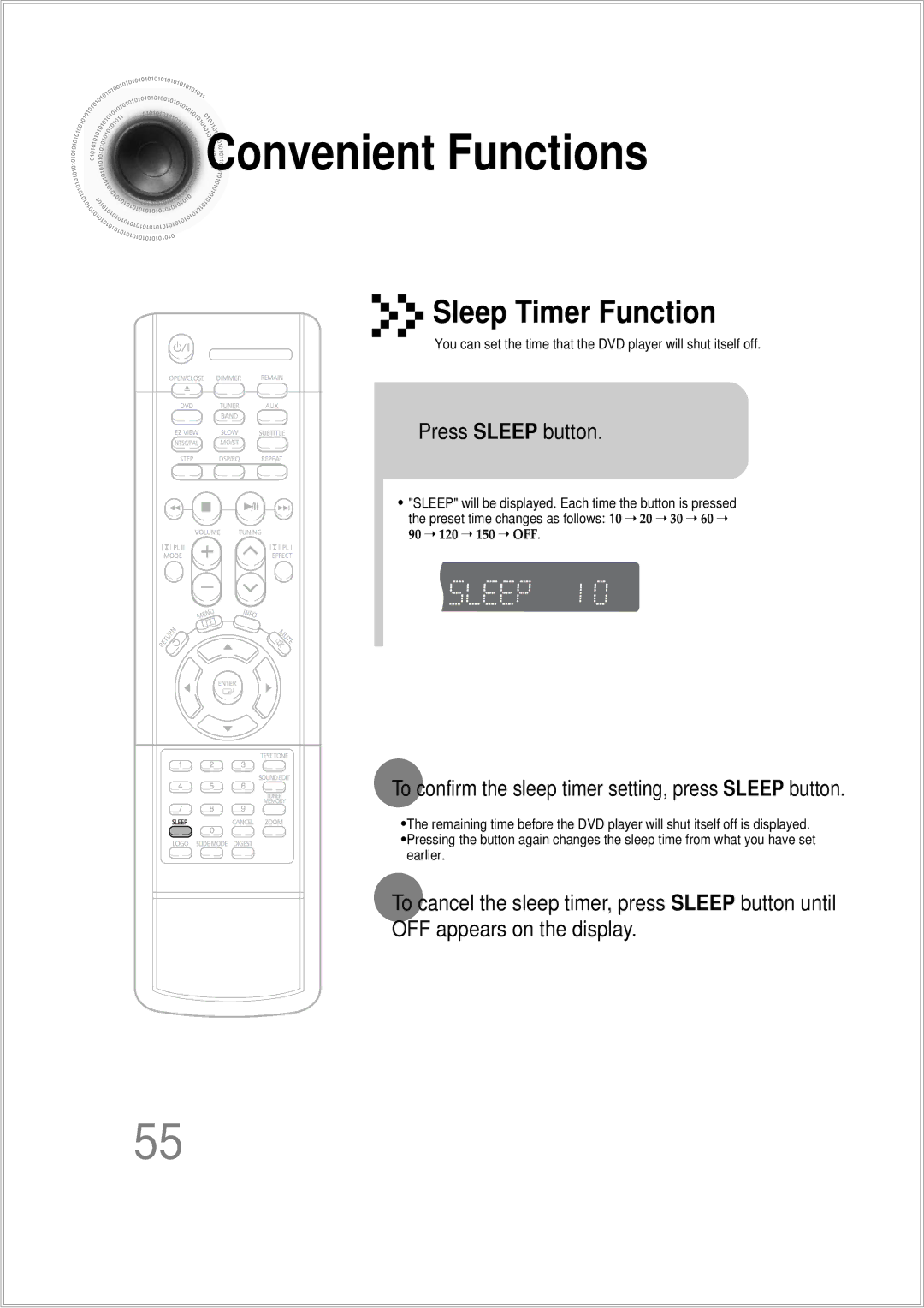 Samsung HTDS100RH/XFO Convenient Functions, Press Sleep button, To confirm the sleep timer setting, press Sleep button 