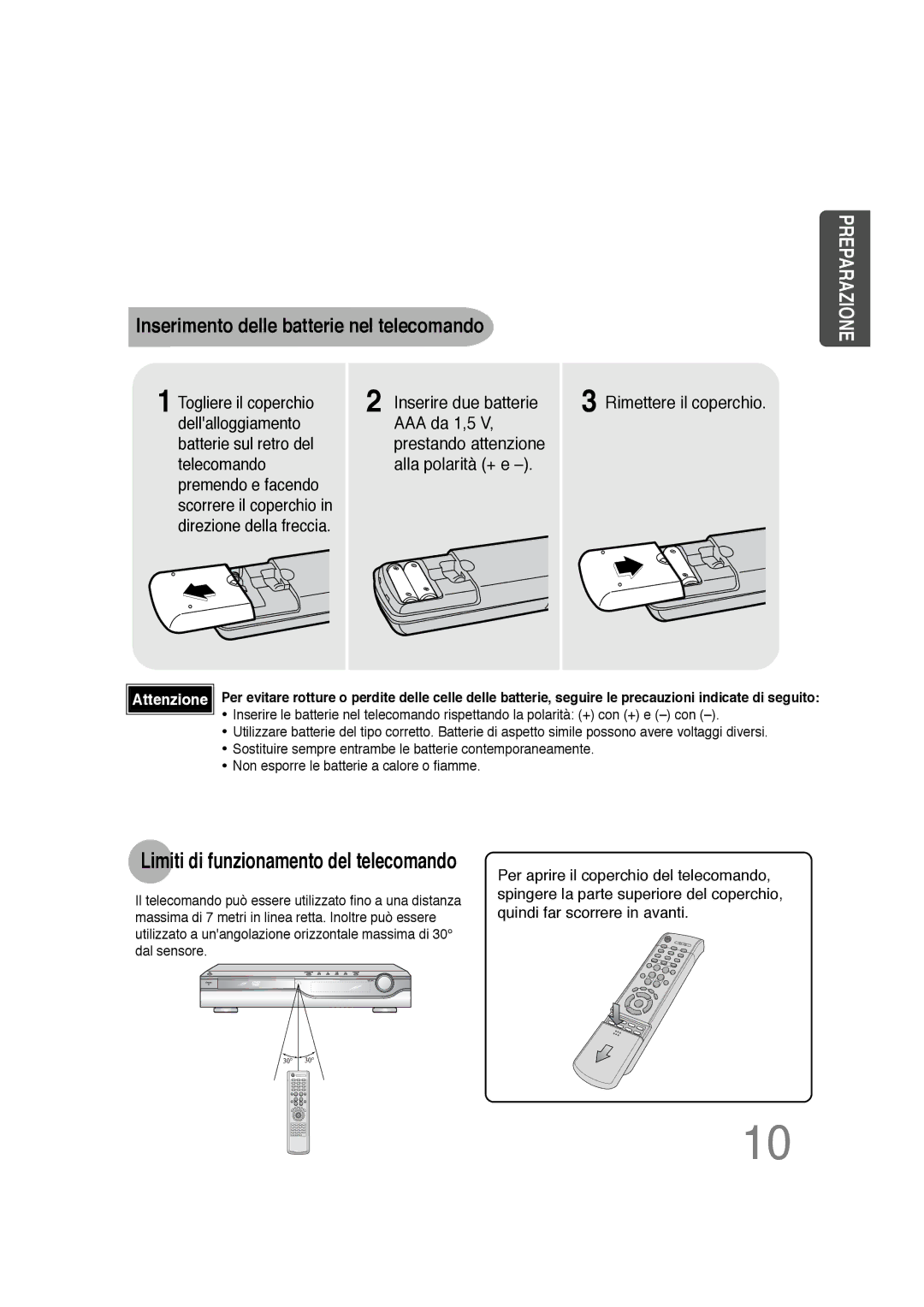 Samsung HTDS100RH/XFO, HTDS100B/EDC Inserimento delle batterie nel telecomando, Limiti di funzionamento del telecomando 