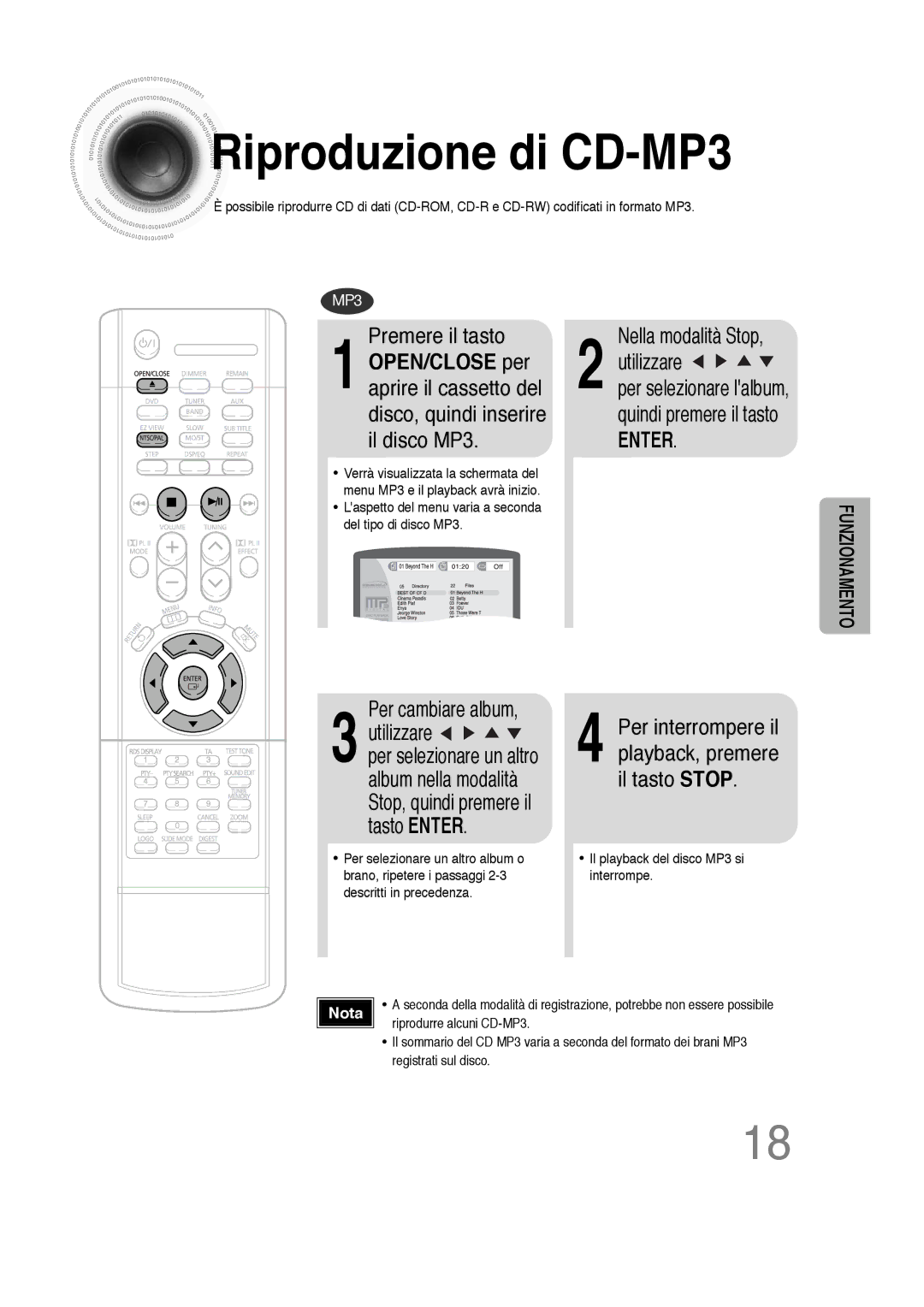 Samsung HTDS100TH/XAA, HTDS100B/EDC, HTDS100RH/XFO manual Riproduzione di CD-MP3 