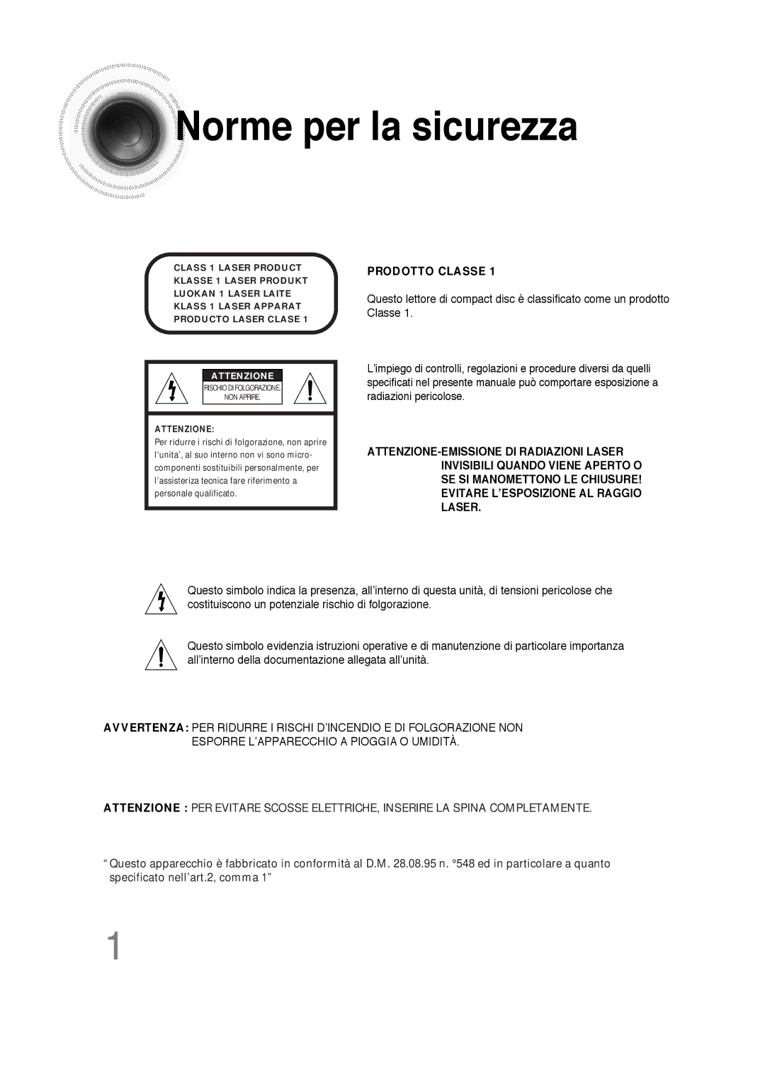 Samsung HTDS100RH/XFO, HTDS100B/EDC, HTDS100TH/XAA manual Norme per la sicurezza, Attenzione 