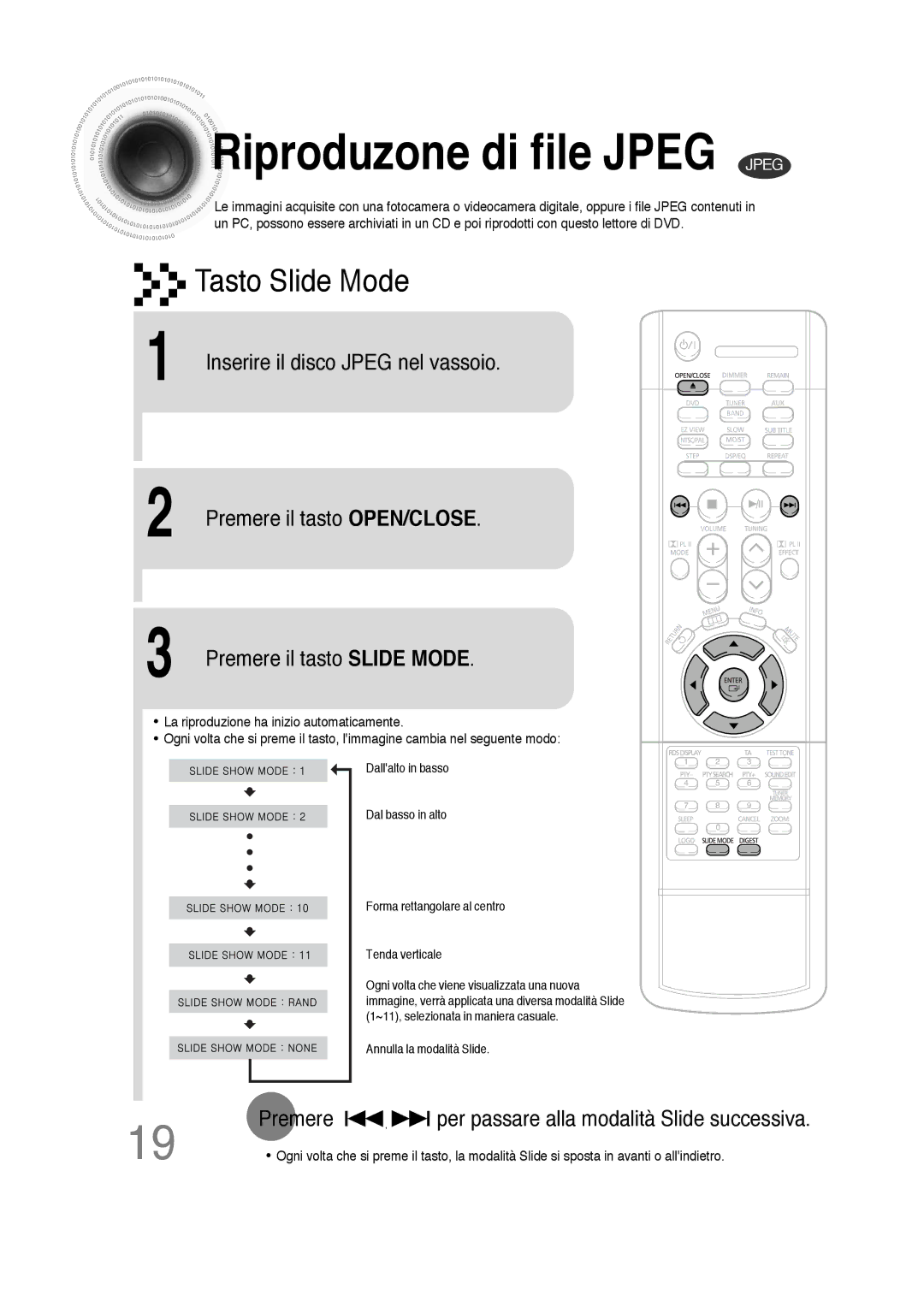 Samsung HTDS100RH/XFO, HTDS100B/EDC, HTDS100TH/XAA manual Riproduzone di file Jpeg Jpeg, Premere il tasto Slide Mode 