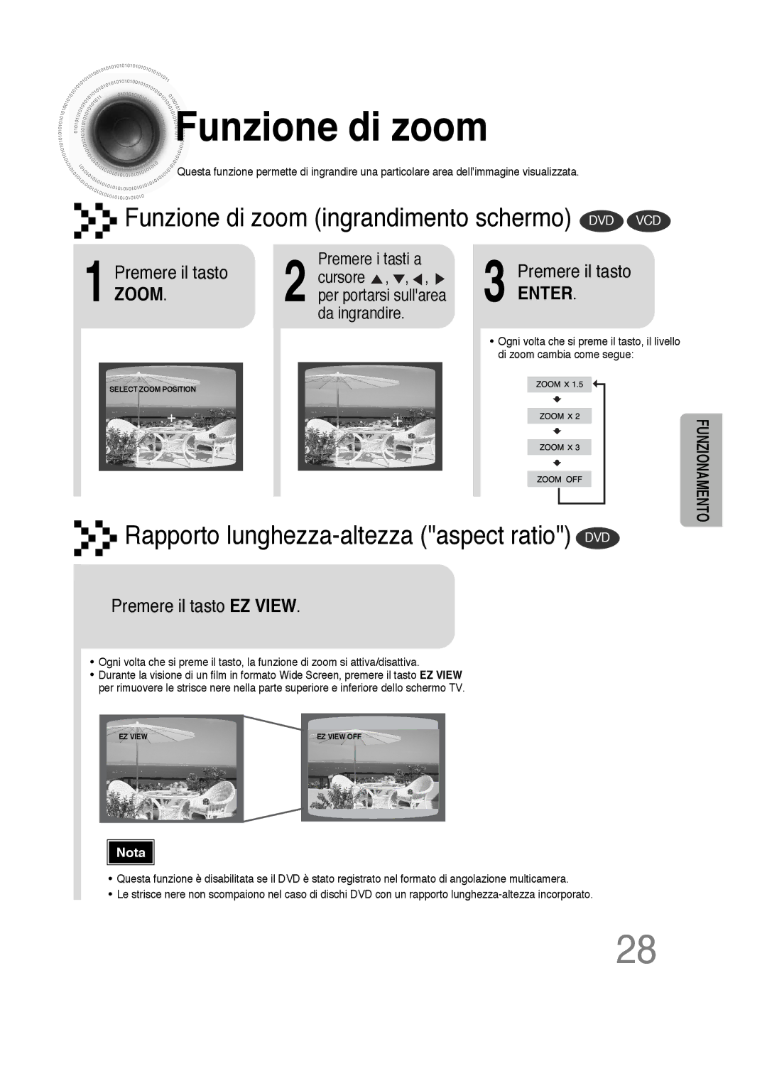 Samsung HTDS100RH/XFO, HTDS100B/EDC, HTDS100TH/XAA manual Funzione di zoom, Premere il tasto Zoom, Premere il tasto EZ View 