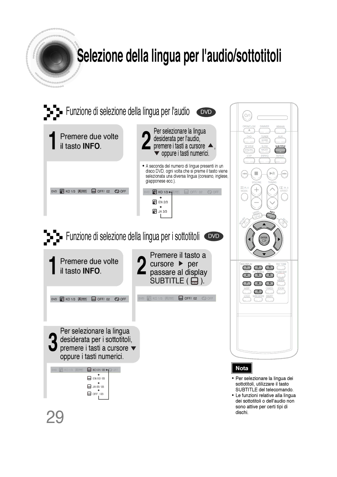 Samsung HTDS100B/EDC, HTDS100TH/XAA, HTDS100RH/XFO manual Per selezionare la lingua, Oppure i tasti numerici 