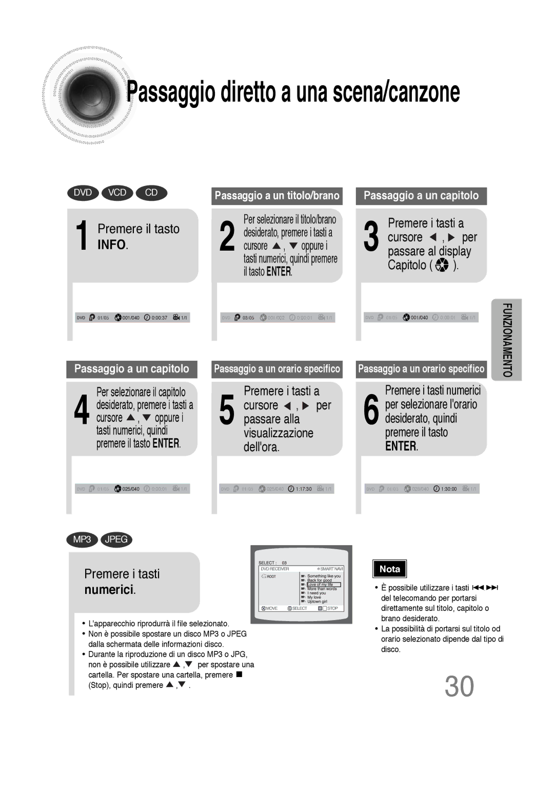 Samsung HTDS100TH/XAA, HTDS100B/EDC, HTDS100RH/XFO manual Passaggio diretto a una scena/canzone, Premere i tasti a 