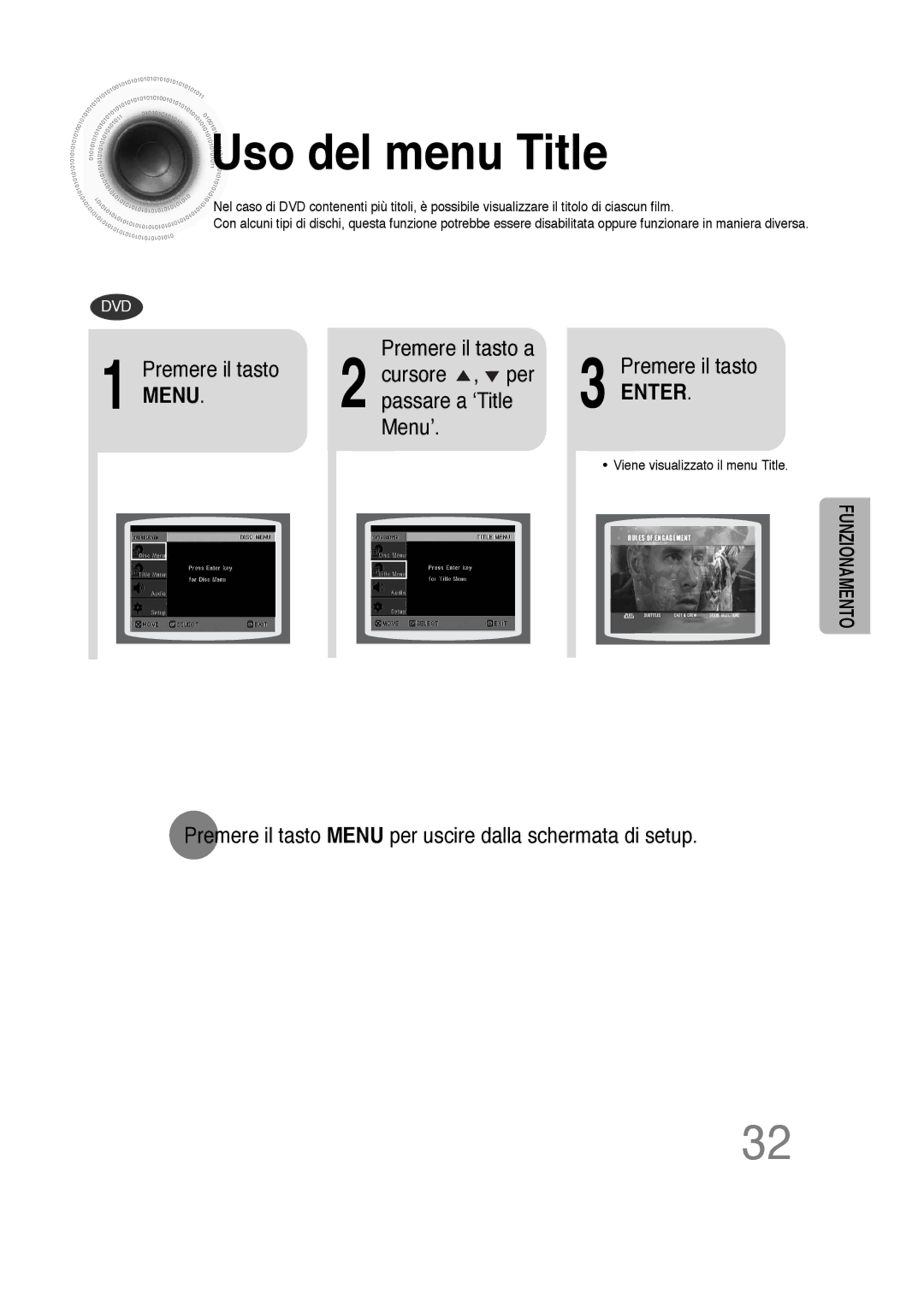 Samsung HTDS100B/EDC, HTDS100TH/XAA manual Uso del menu Title, Premere il tasto Menu per uscire dalla schermata di setup 