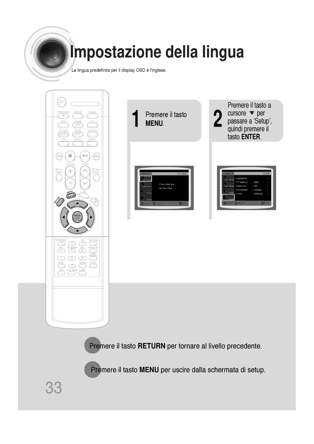 Samsung HTDS100TH/XAA, HTDS100B/EDC, HTDS100RH/XFO manual Impostazione della lingua, Premere il tasto Menu Premere il tasto a 