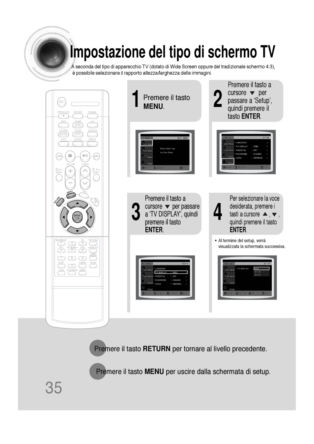 Samsung HTDS100B/EDC, HTDS100TH/XAA, HTDS100RH/XFO manual Impostazione del tipo di schermo TV 