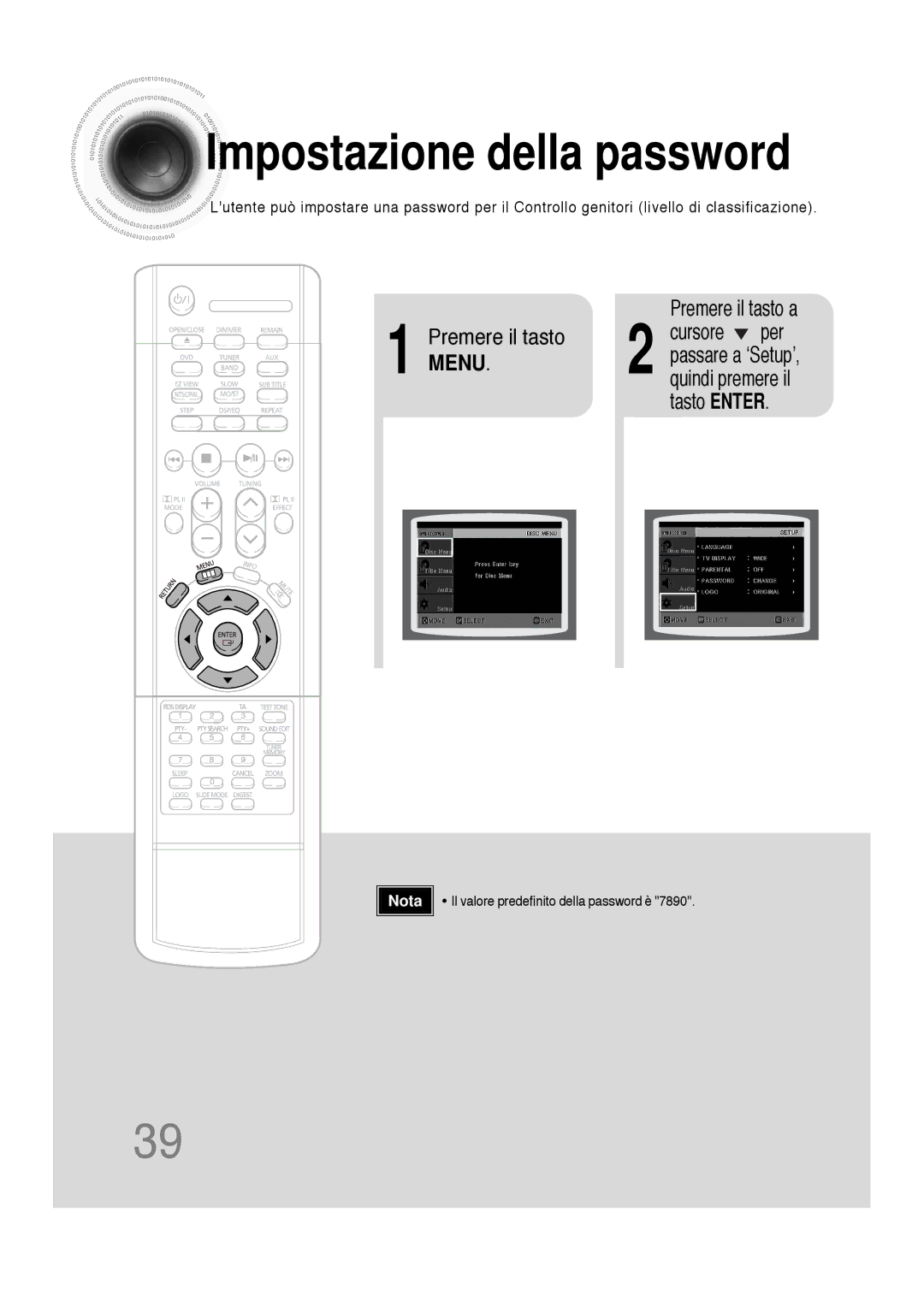 Samsung HTDS100TH/XAA, HTDS100B/EDC, HTDS100RH/XFO manual Impostazione della password 