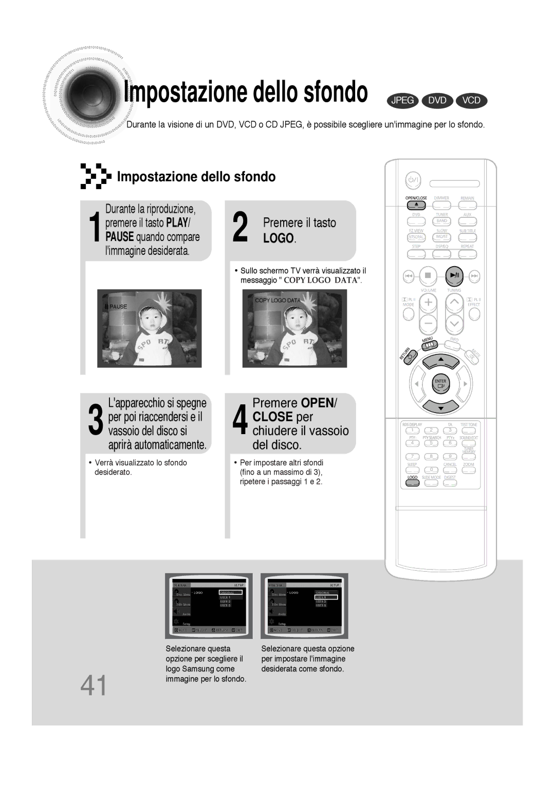 Samsung HTDS100B/EDC, HTDS100TH/XAA, HTDS100RH/XFO manual Impostazione dello sfondo Jpeg DVD VCD, Premere Open 