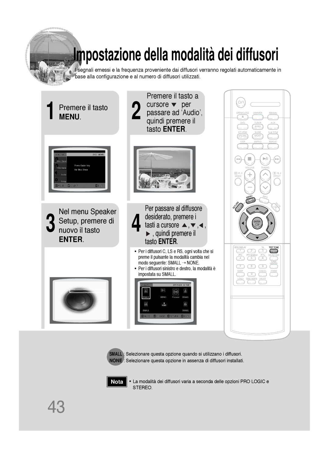 Samsung HTDS100RH/XFO, HTDS100B/EDC, HTDS100TH/XAA manual Premere il tasto Menu Nel menu Speaker, Per passare al diffusore 