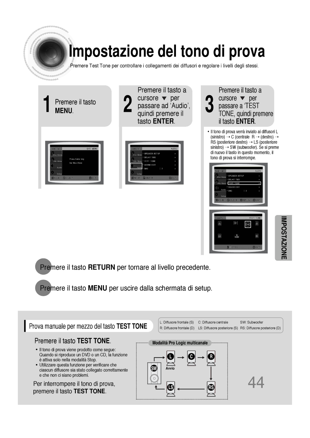 Samsung HTDS100B/EDC, HTDS100TH/XAA, HTDS100RH/XFO manual Tasto Enter Premere il tasto a, Premere il tasto Test Tone 