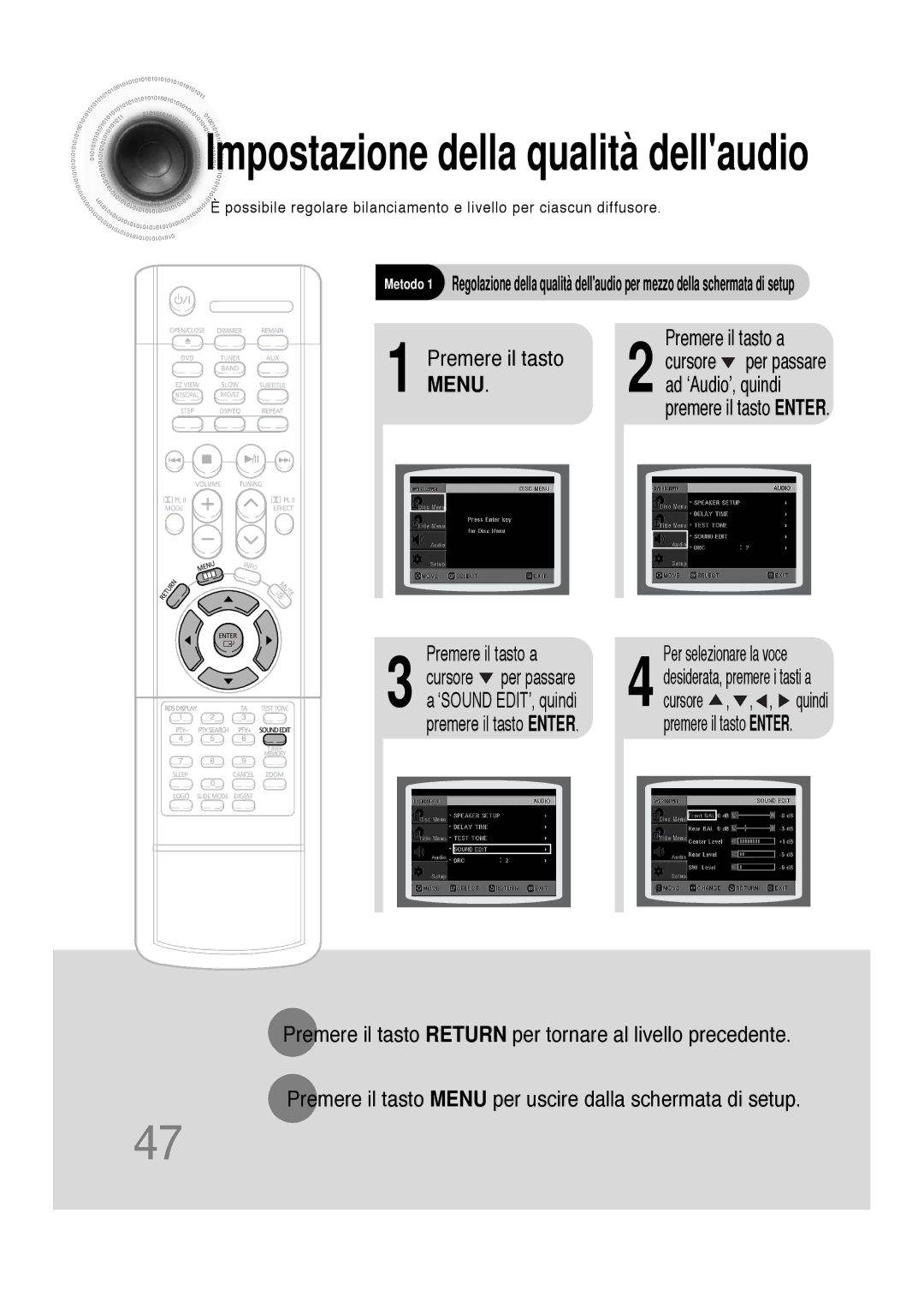 Samsung HTDS100B/EDC, HTDS100TH/XAA, HTDS100RH/XFO manual Impostazione della qualità dellaudio 