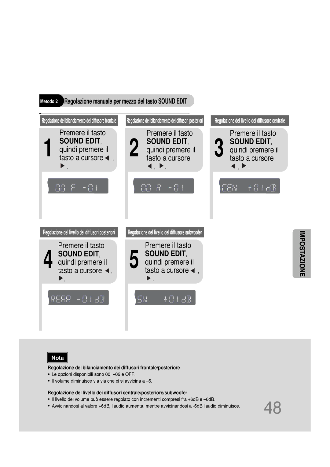 Samsung HTDS100TH/XAA, HTDS100B/EDC, HTDS100RH/XFO manual Sound EDIT, quindi premere il tasto a cursore 