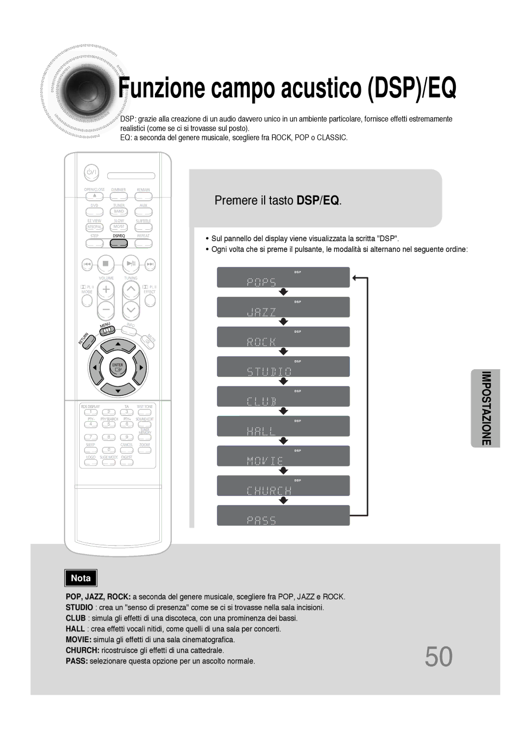 Samsung HTDS100B/EDC, HTDS100TH/XAA, HTDS100RH/XFO manual Funzione campo acustico DSP/EQ, Premere il tasto DSP/EQ 