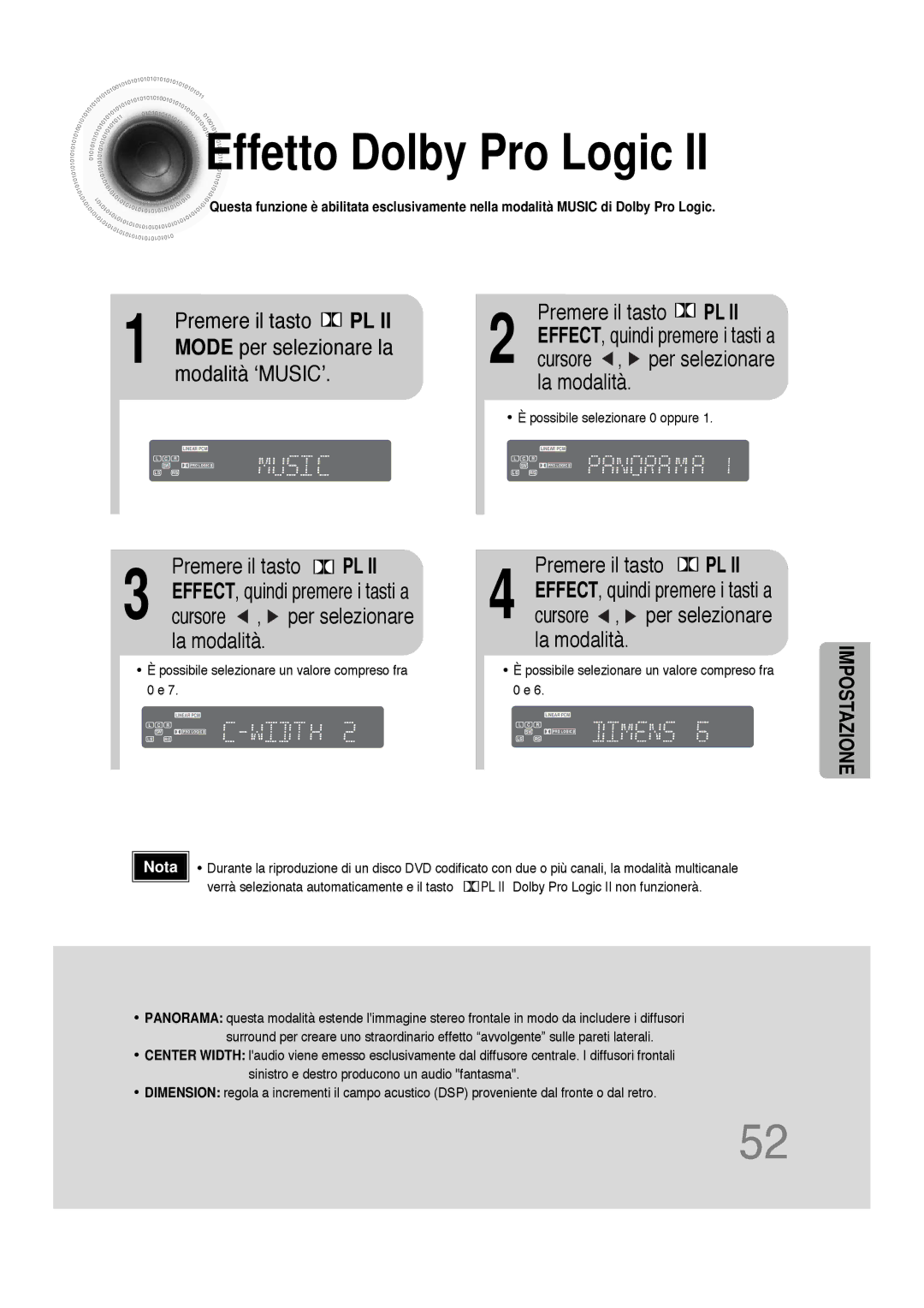 Samsung HTDS100RH/XFO, HTDS100B/EDC manual Effetto Dolby Pro Logic, Premere il tasto PL, Modalità ‘MUSIC’, La modalità 