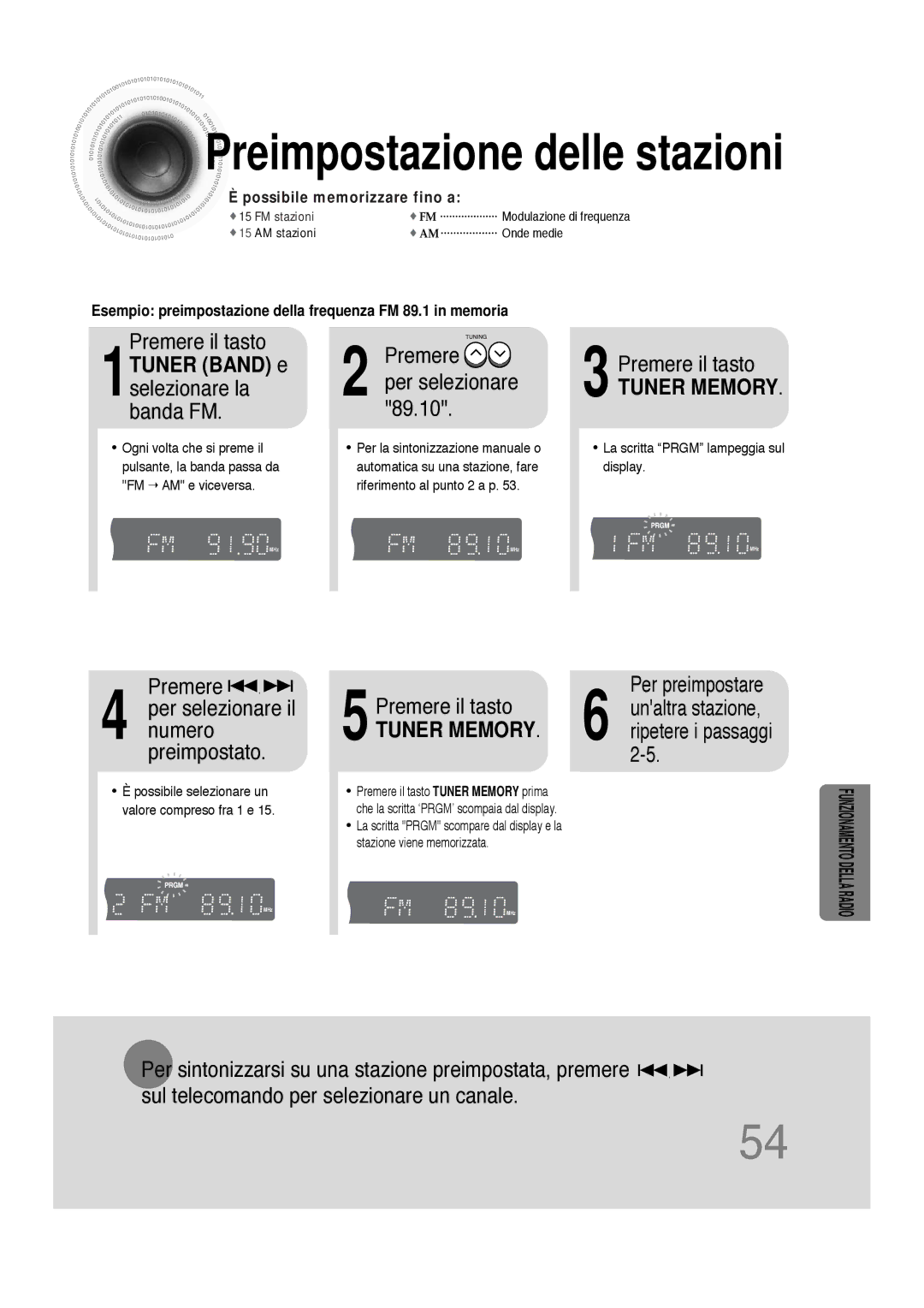 Samsung HTDS100TH/XAA, HTDS100B/EDC, HTDS100RH/XFO manual 5Premere il tasto, Per preimpostare 