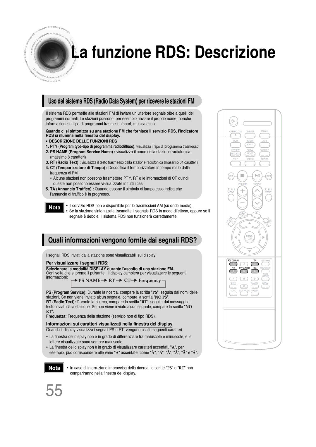 Samsung HTDS100RH/XFO, HTDS100B/EDC manual La funzione RDS Descrizione, Quali informazioni vengono fornite dai segnali RDS? 