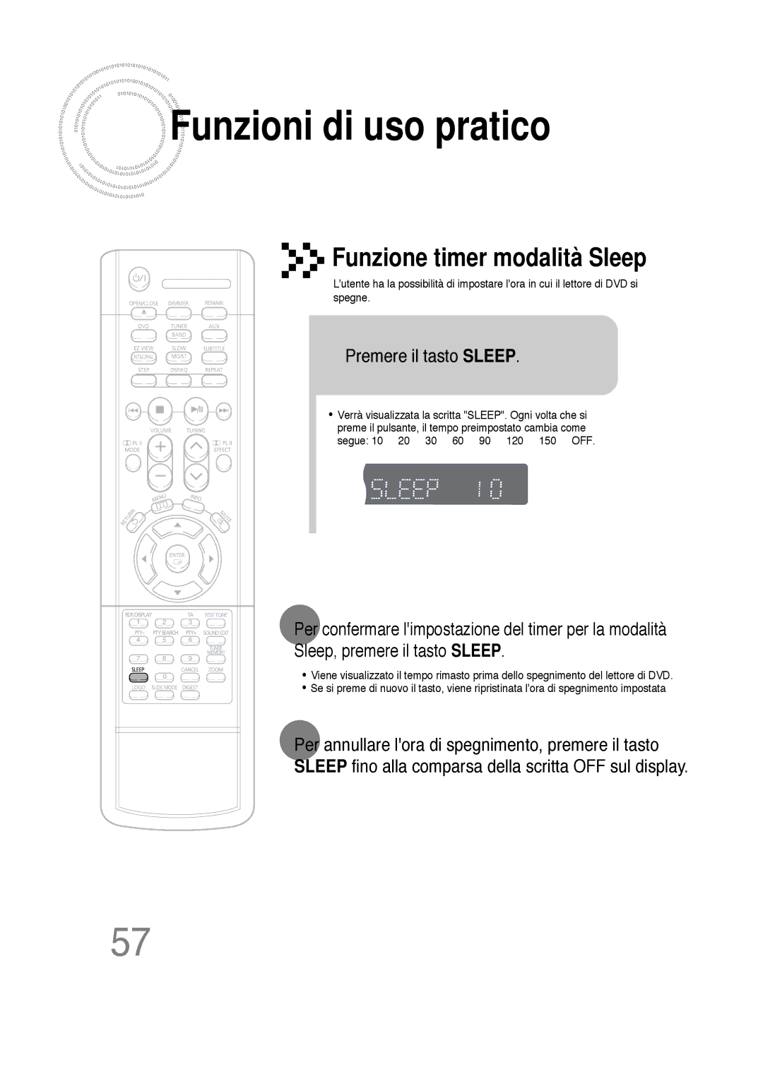 Samsung HTDS100TH/XAA, HTDS100B/EDC manual Funzioni di uso pratico, Premere il tasto Sleep, Sleep, premere il tasto Sleep 