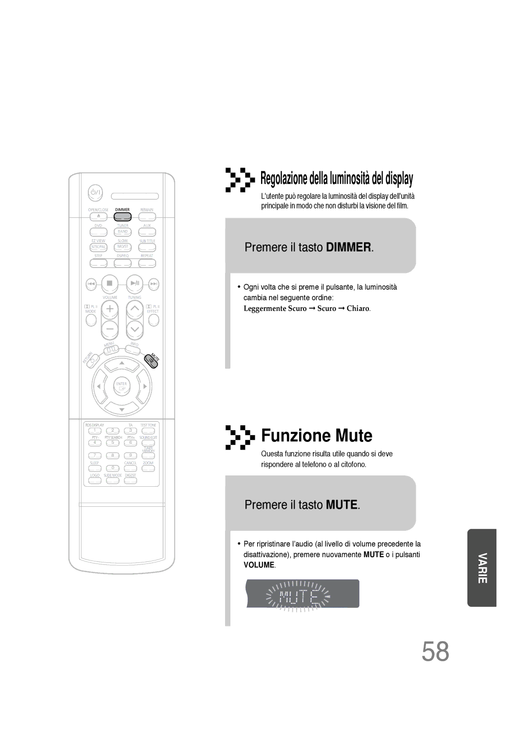 Samsung HTDS100RH/XFO, HTDS100B/EDC, HTDS100TH/XAA manual Premere il tasto Dimmer, Premere il tasto Mute 