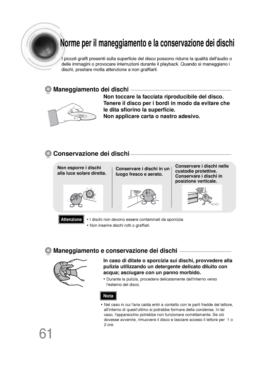 Samsung HTDS100RH/XFO manual Maneggiamento dei dischi, Conservazione dei dischi, Maneggiamento e conservazione dei dischi 