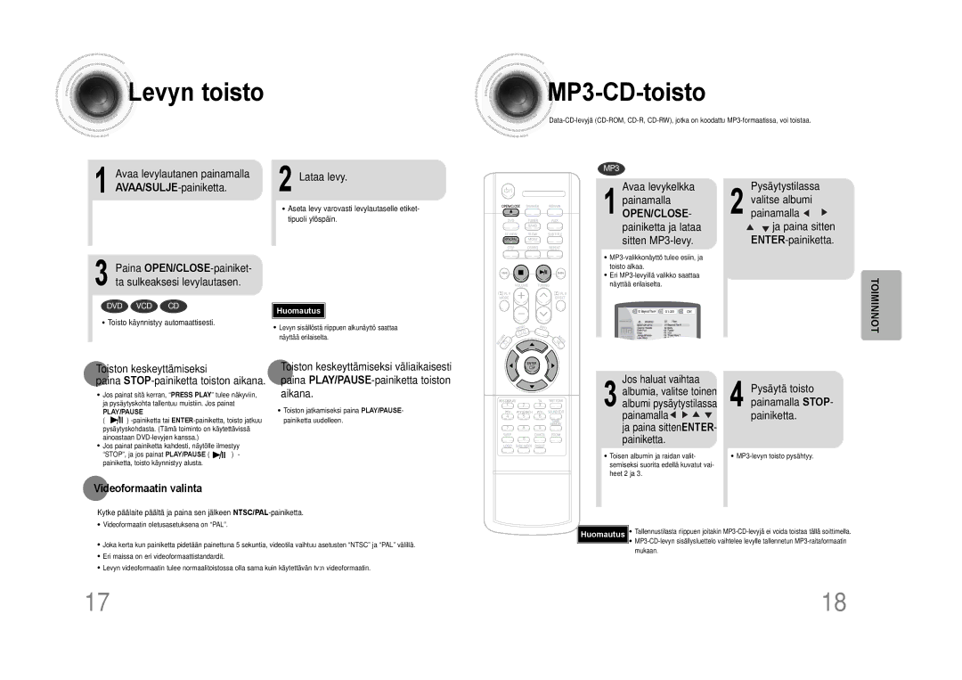 Samsung HTDS100RH/EDC manual Levyn toisto, MP3 -CD-toisto, Videoformaatin valinta 