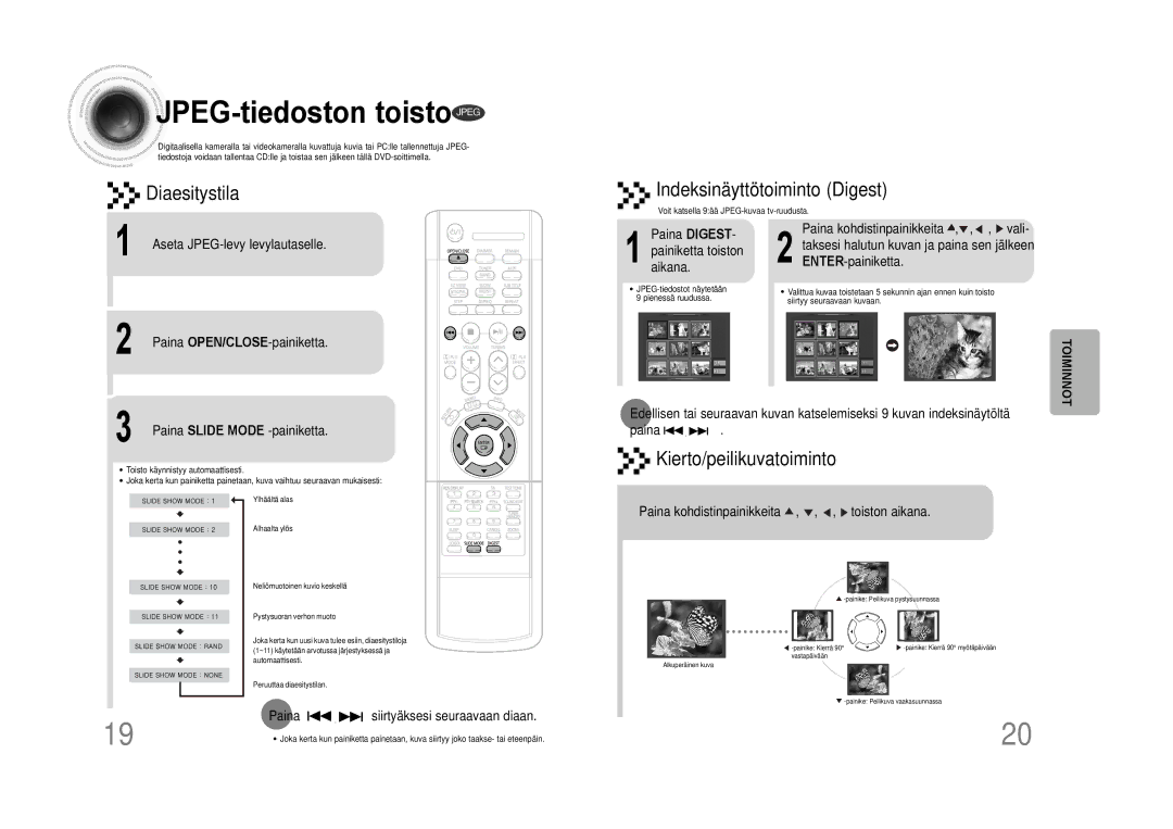 Samsung HTDS100RH/EDC manual Aseta JPEG-levy levylautaselle, Paina OPEN/CLOSE-painiketta, Paina Slide Mode -painiketta 