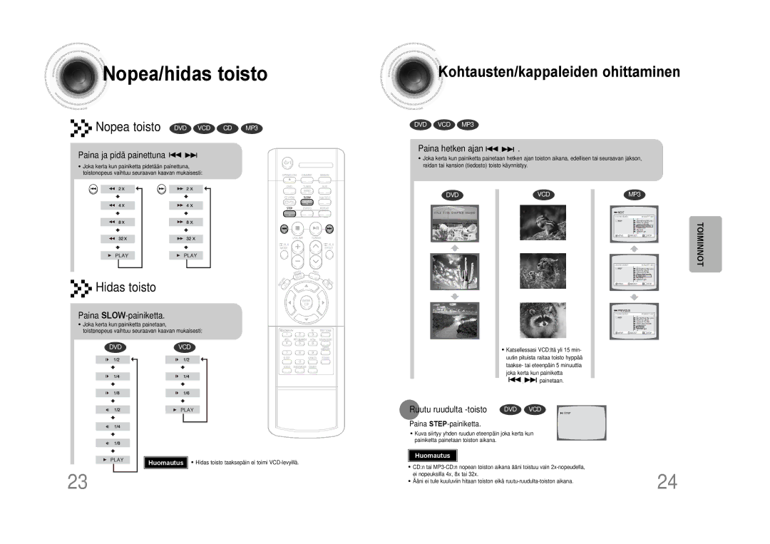 Samsung HTDS100RH/EDC manual Nopea/hidas toisto, Paina ja pidä painettuna, Paina hetken ajan, Paina SLOW-painiketta 