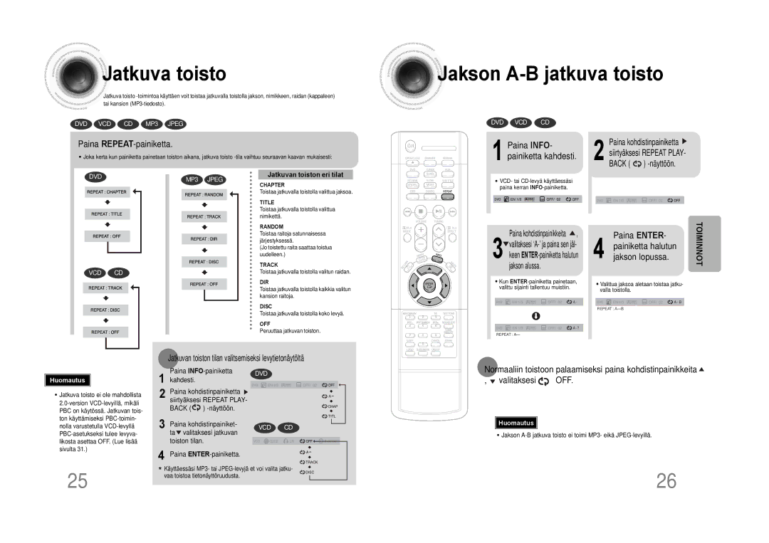 Samsung HTDS100RH/EDC Jatkuva toisto, Jakson A-B jatkuva toisto, Paina REPEAT-painiketta, Paina INFO- painiketta kahdesti 