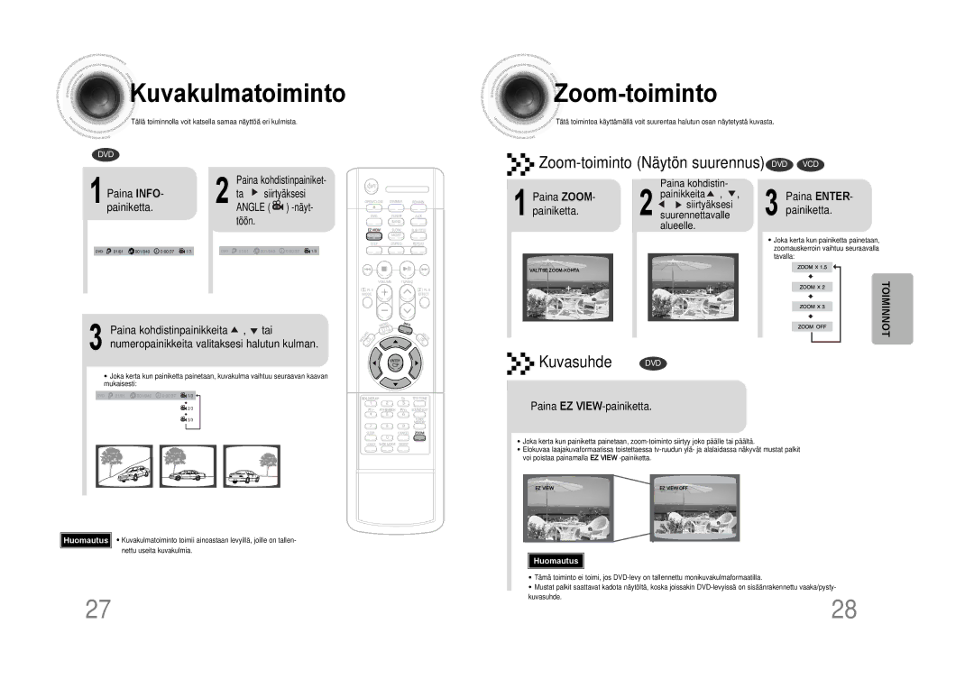 Samsung HTDS100RH/EDC manual Kuvakulmatoiminto, Zoom -toiminto 