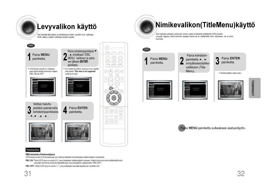 Samsung HTDS100RH/EDC manual Levyvalikon käyttö, NimikevalikonTitleMenukäyttö, Paina MENU- painiketta, Valitse haluttu 