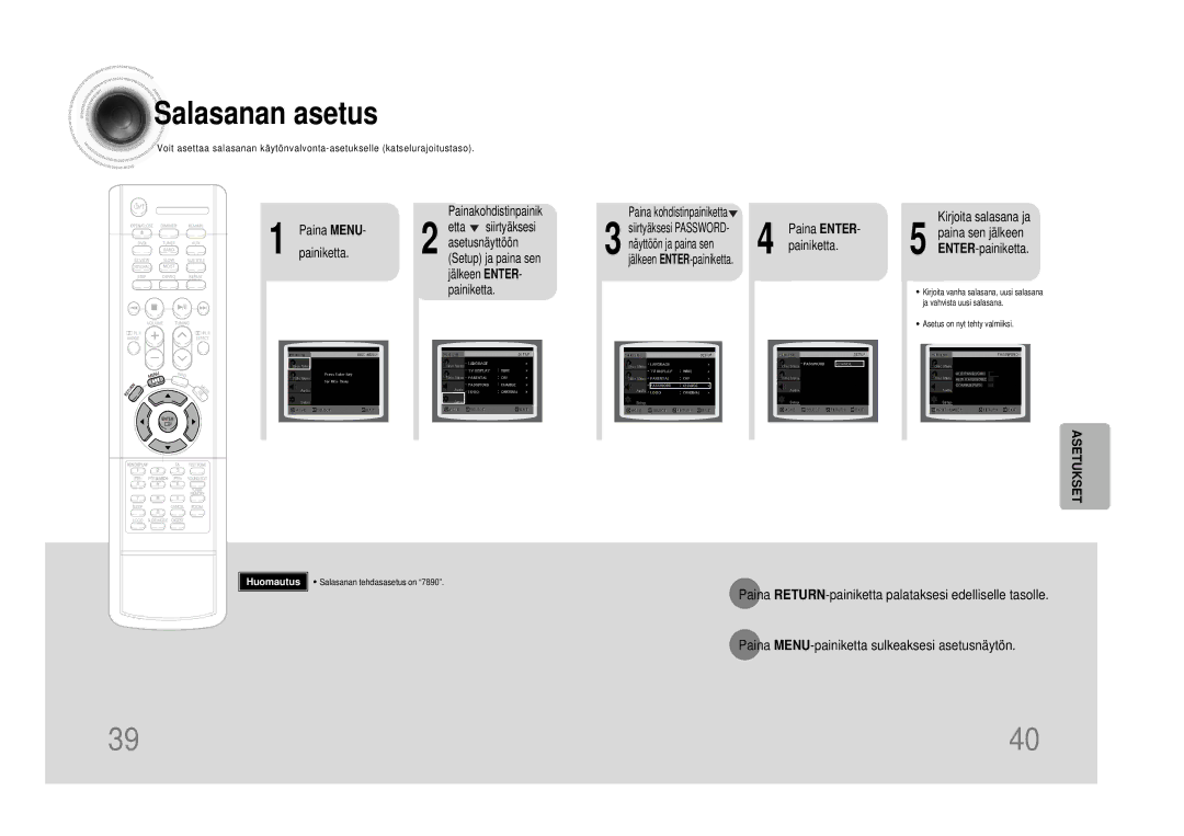 Samsung HTDS100RH/EDC Salasanan asetus, Paina ENTER- painiketta, Kirjoita salasana ja, Paina sen jälkeen, ENTER-painiketta 