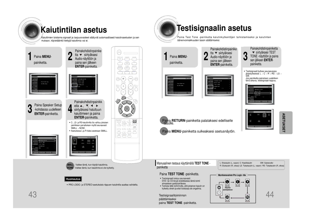 Samsung HTDS100RH/EDC manual Kaiutintilan asetus, Testisignaalin asetus, Paina Test Tone -painiketta 